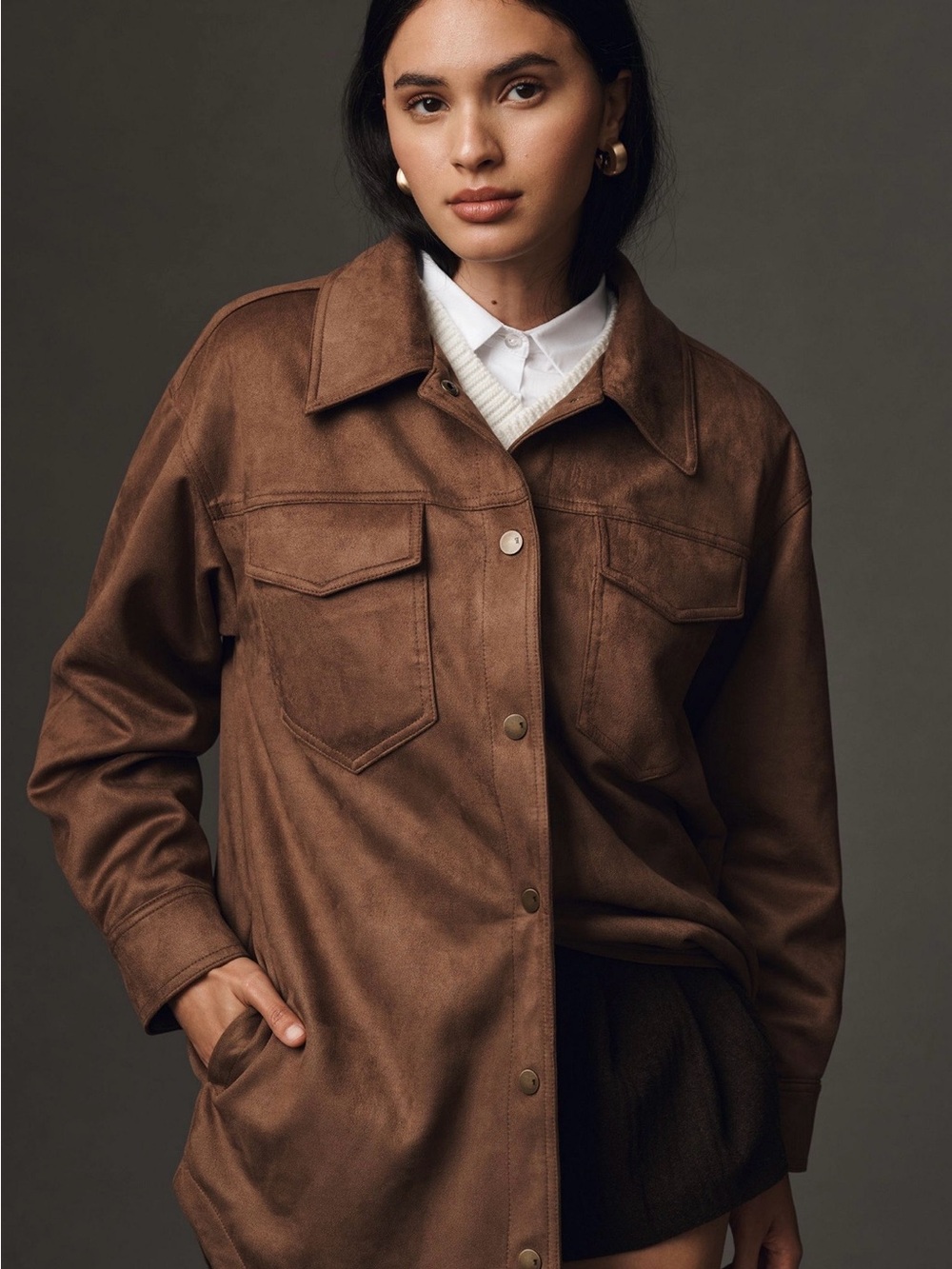 Pilcro Anthropologie Tillie Relaxed Vegan-Suede Brown Shirt Jacket sz XS